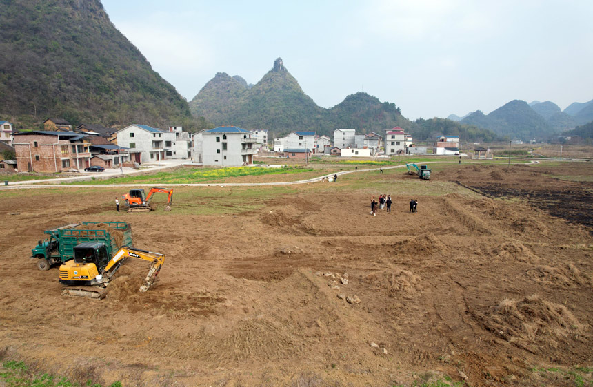 在融安縣橋板鄉(xiāng)古丹村田地里，幾臺(tái)挖掘機(jī)正在進(jìn)行土地平整。