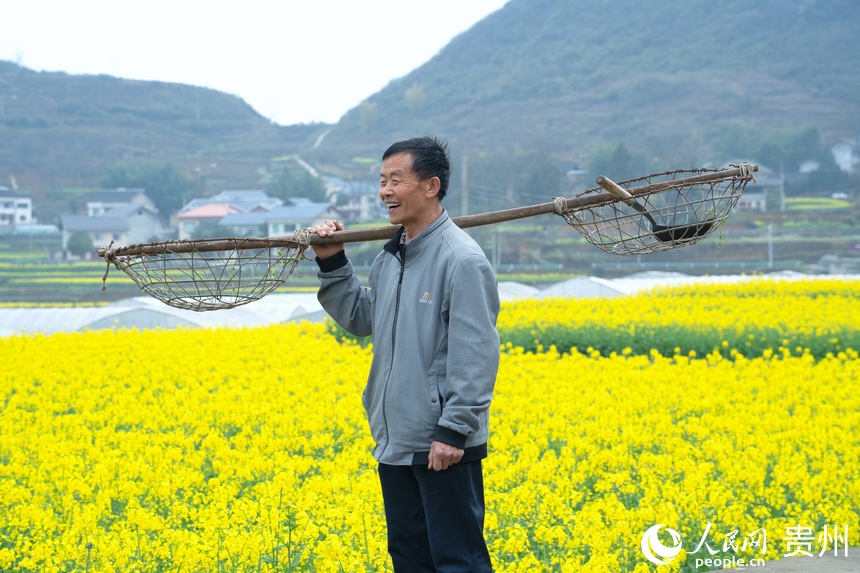 村民扛著農具走在油菜花田中。人民網 陽茜攝