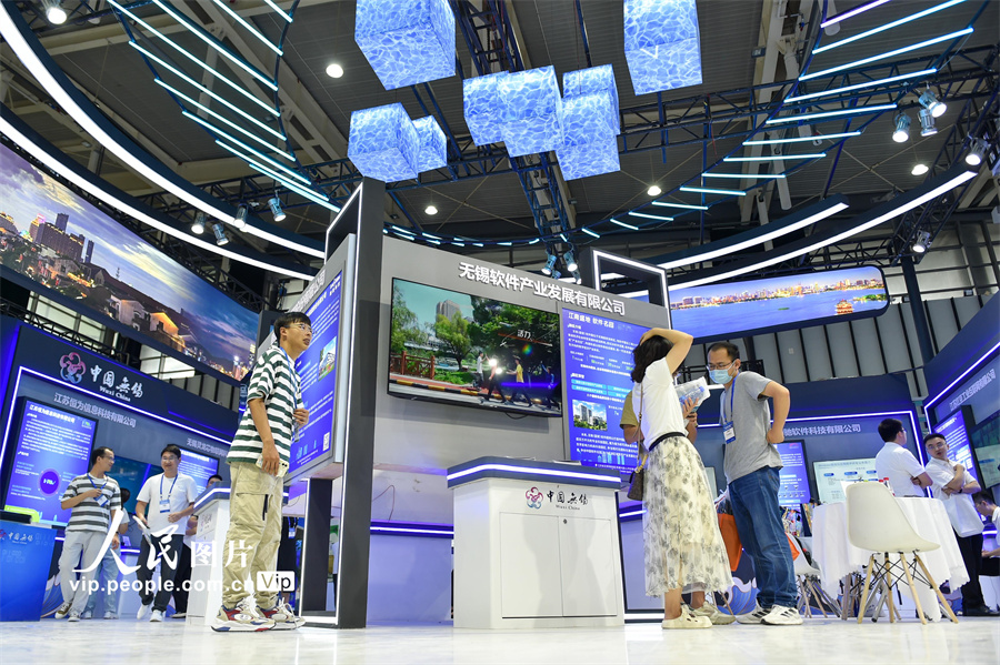 2023年8月20日，在江苏南京国际博览中心，观众参观软博会。