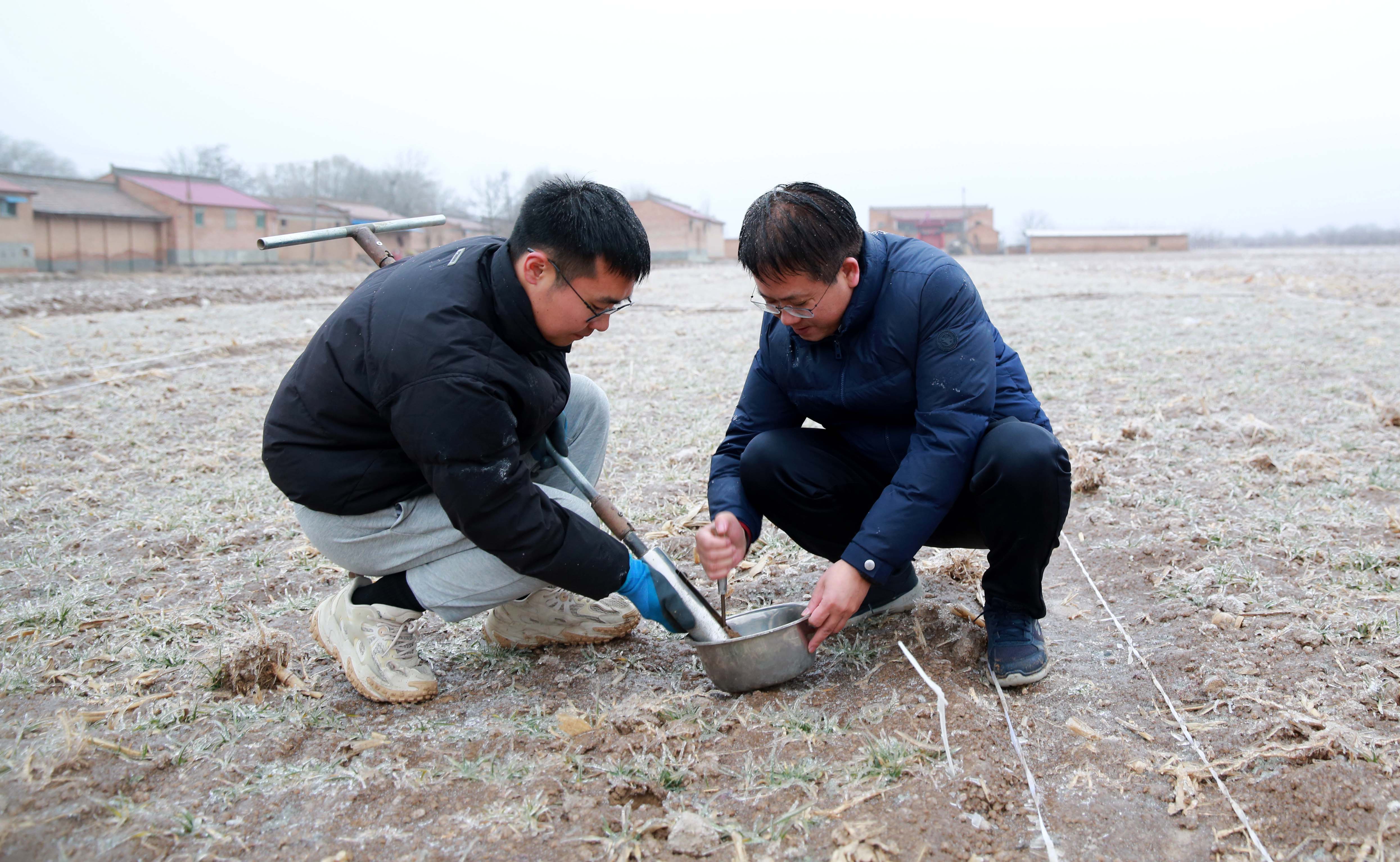 2王仕稳研究员与研究生查看低温下的土壤墒情