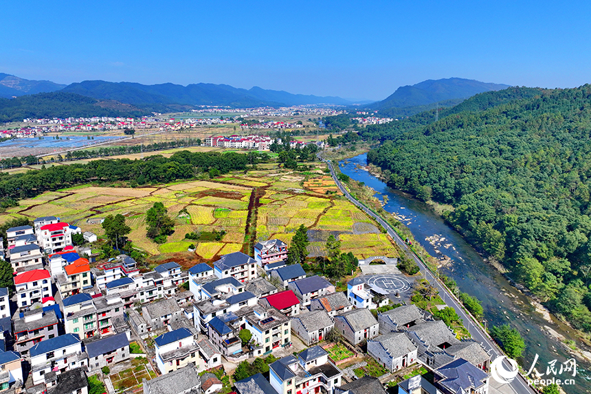 初冬時節(jié)的吉安市永新縣龍源口鎮(zhèn)黃陂洲村，綠樹、青山與農(nóng)房、田野相映相襯。人民網(wǎng) 朱海鵬攝