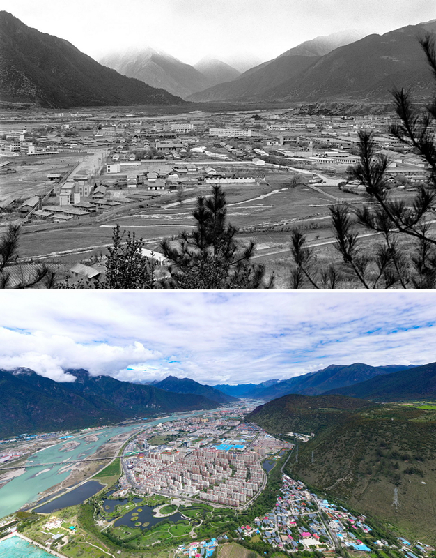 拼版照片：上圖是20世紀(jì)90年代的西藏林芝八一鎮(zhèn)；下圖是2021年7月20日拍攝的西藏林芝八一鎮(zhèn)風(fēng)貌。