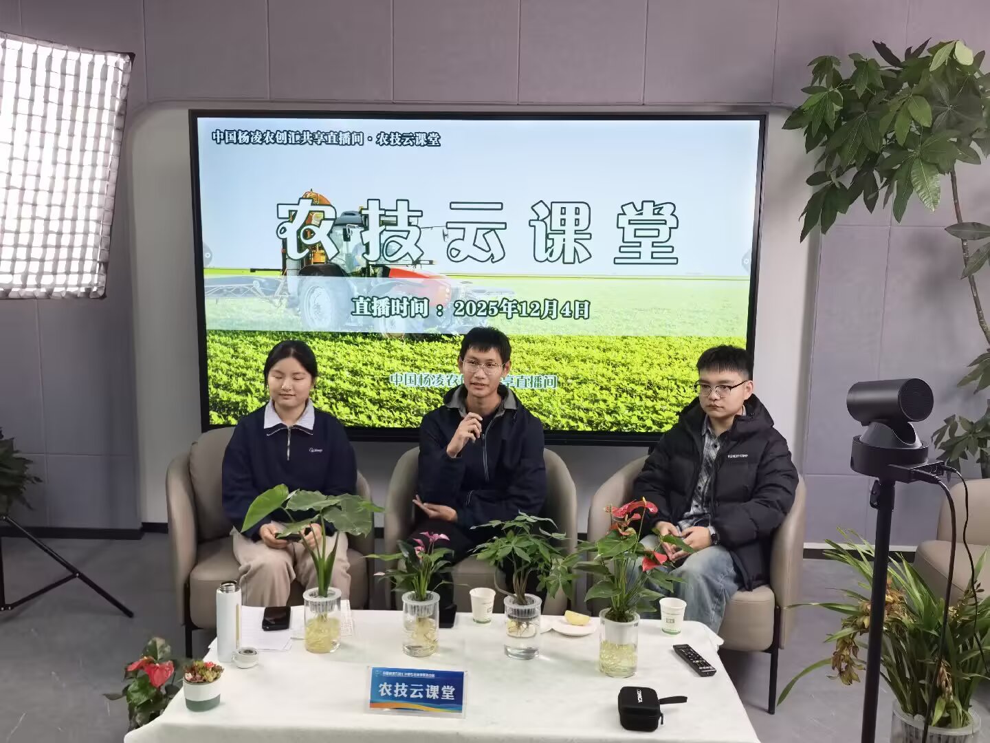 西农食品学院2025 级本科生徐爽（中）在直播间讲述唐克丽教授的故事