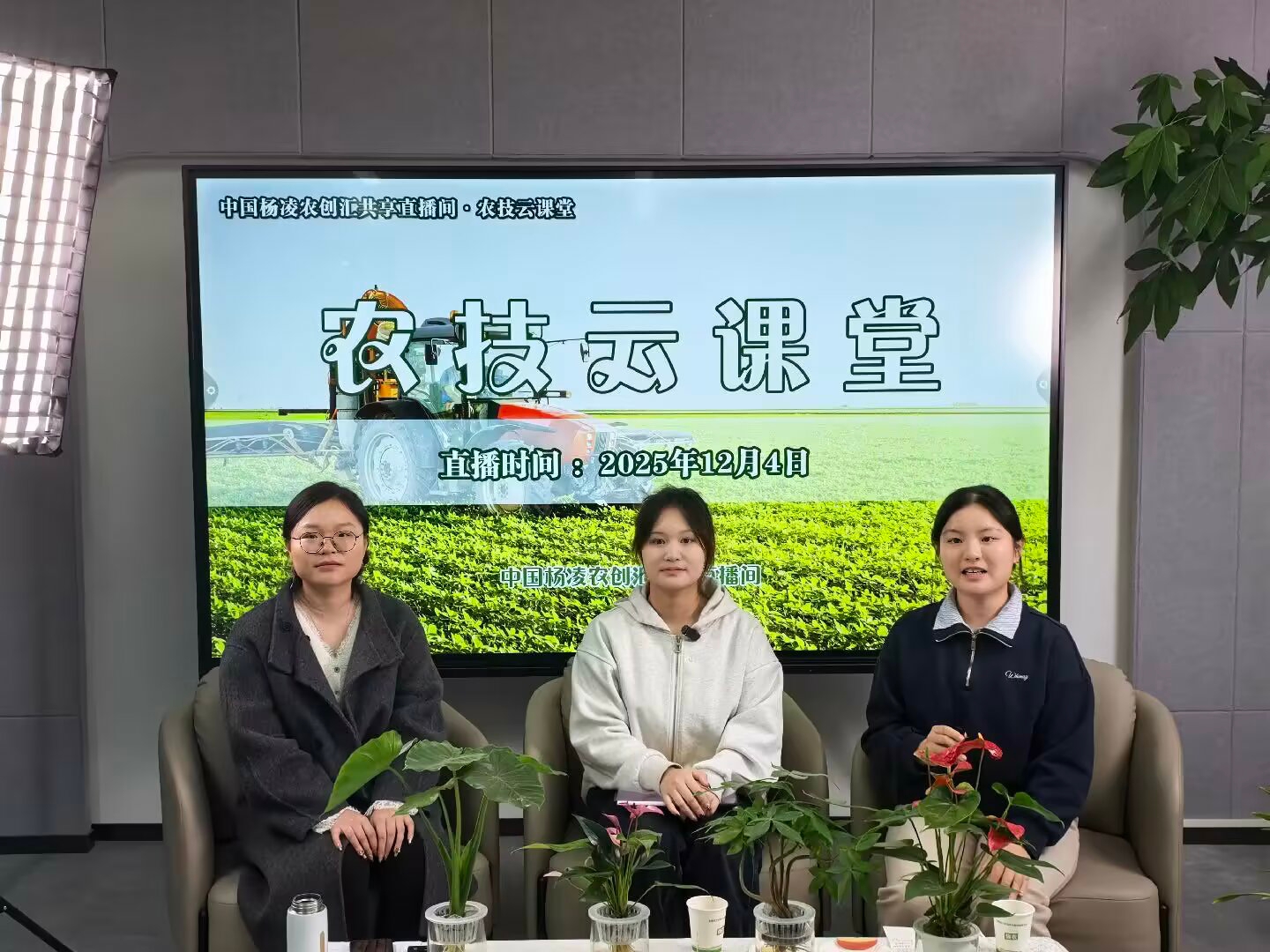 西农语言文化学院2025 级本科生殷悦洋（右）在直播间讲述昆虫学家周尧教授的故事